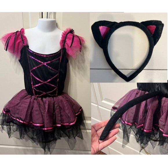 Pink & Black Kitty Cat Costume w/Detachable Tail & Kitty Ears (Size Med 8-10) - Picture 1 of 10